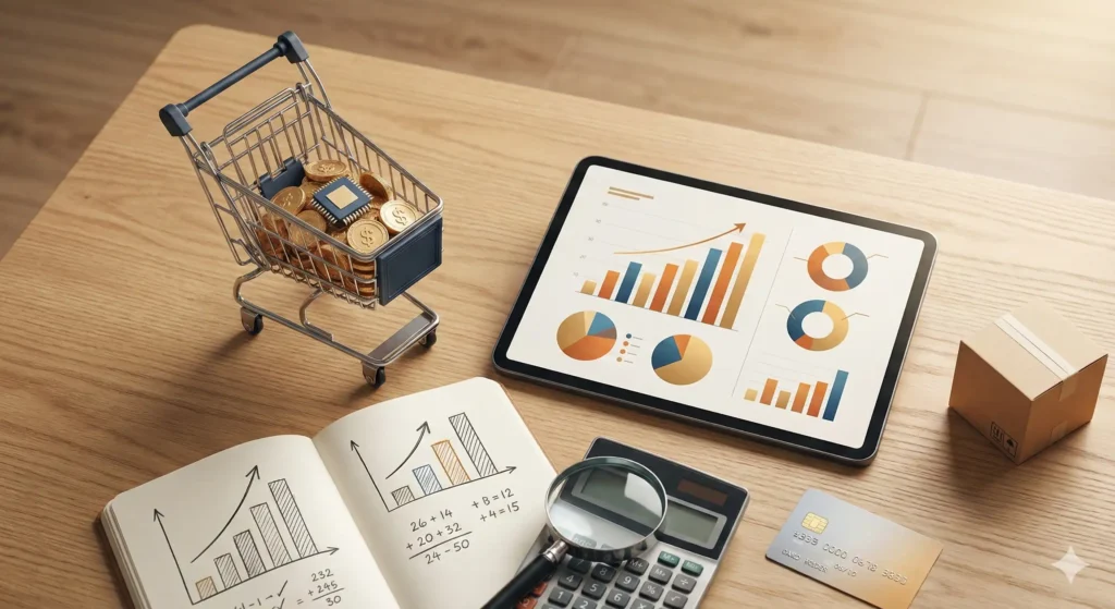 Rappresentazione concettuale dell'analisi dei KPI e delle metriche per ecommerce.