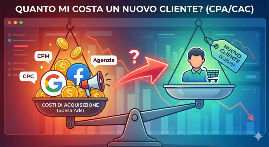 Infografica che rappresenta una bilancia: sul piatto sinistro pesano i "Costi di Acquisizione" (Google Ads, Facebook, CPC, CPM), sul destro c'è il "Nuovo Cliente". Visualizzazione del concetto di CPA e CAC nell'ecommerce.