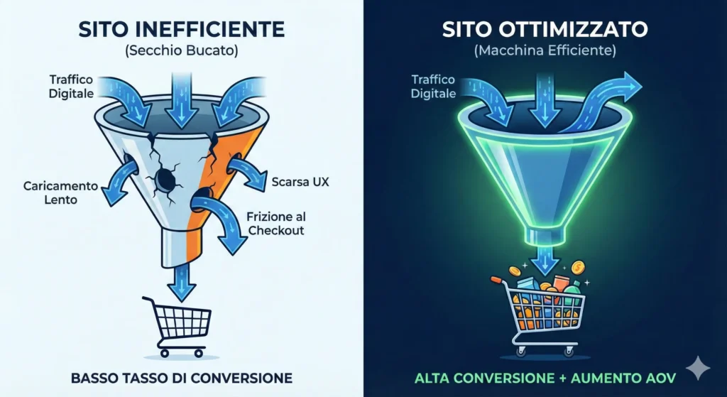 Infografica a confronto: a sinistra un imbuto "Sito Inefficiente (Secchio Bucato)" che perde traffico digitale a causa di caricamento lento e scarsa UX, portando a un basso tasso di conversione. A destra un imbuto "Sito Ottimizzato (Macchina Efficiente)" dove il traffico fluisce verso un carrello pieno, indicando alta conversione e aumento AOV.